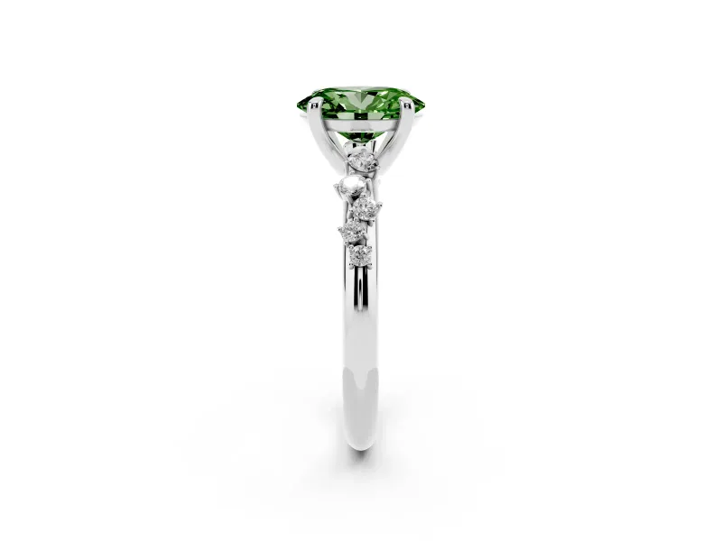 Fancy Green Oval Cut Diamond Solitaire Vine Band Ring Set in Silver with Round Accents and Prong Setting