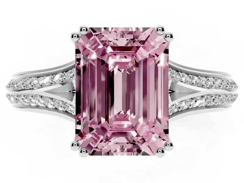 Emerald Cut Split Shank Engagement Ring Setting for a Fancy Pink Lab-Grown Diamond | Pave Band | Sterling Silver