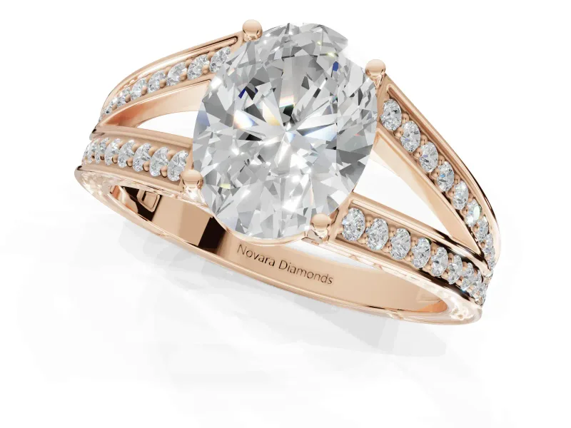 Oval Split Shank Pavé Engagement Ring Setting | Engraved Leaf Sides | Rose Gold