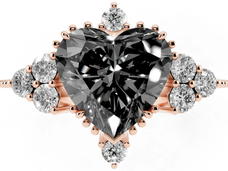 Heart-Shaped Vintage Cluster Engagement Ring Setting for a Black Center | Beaded Edges | Rose Gold