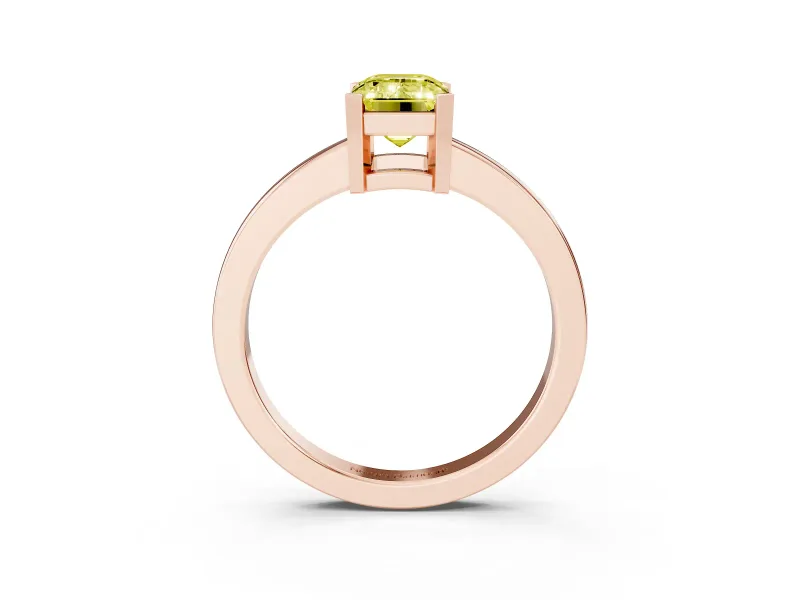 Fancy Yellow Emerald Cut Diamond Solitaire Ring Set in Rose gold with Prong Head and Smooth Polished Band