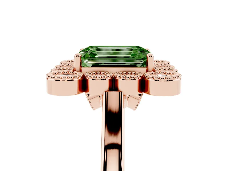Emerald Cut Milgrain Cluster Halo Engagement Ring Setting for a Fancy Green Lab-Grown Diamond | Plain Band | Rose Gold