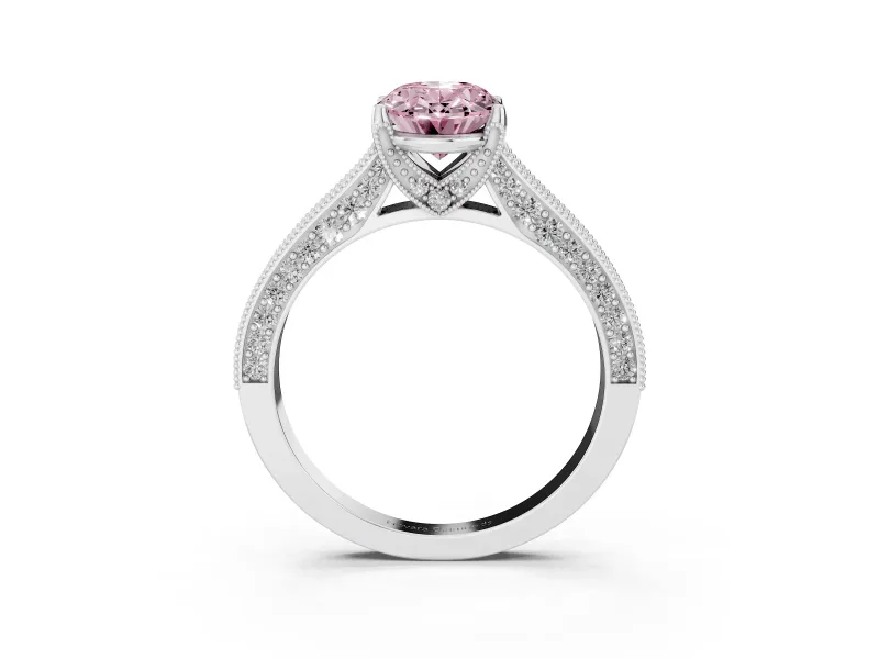 Oval Vintage Hidden Halo Engagement Ring Setting for a Fancy Pink Lab-Grown Diamond | Milgrain Pave Band | Platinum