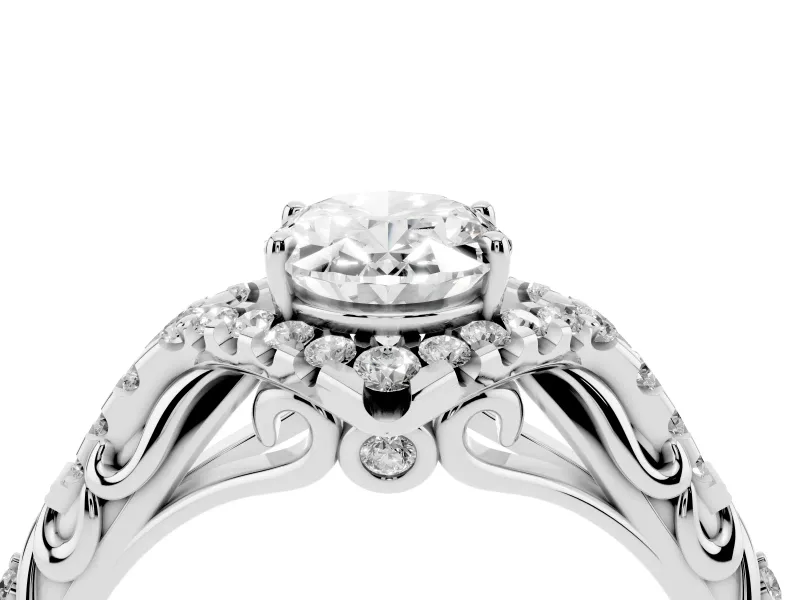Oval Hidden Halo Filigree Engagement Ring Setting | Pavé Shoulders | Sterling Silver