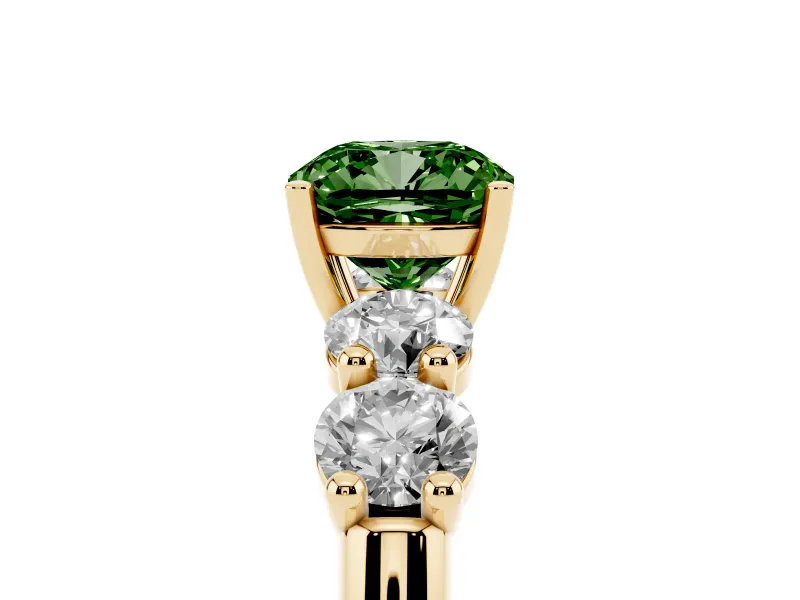 Cushion Cut Five Stone Engagement Ring Setting for a Fancy Green Lab-Grown Diamond | Prong Set Side Stones | Yellow Gold
