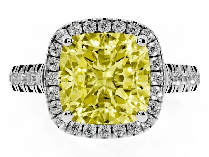 Cushion Cut Accented Halo Engagement Ring Setting for a Fancy Yellow Lab-Grown Diamond | White Gold