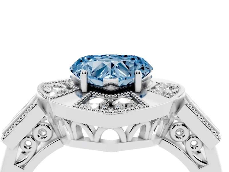 Fancy Blue Heart Cut Diamond Milgrain Halo Ring Set in Silver with Split Shank