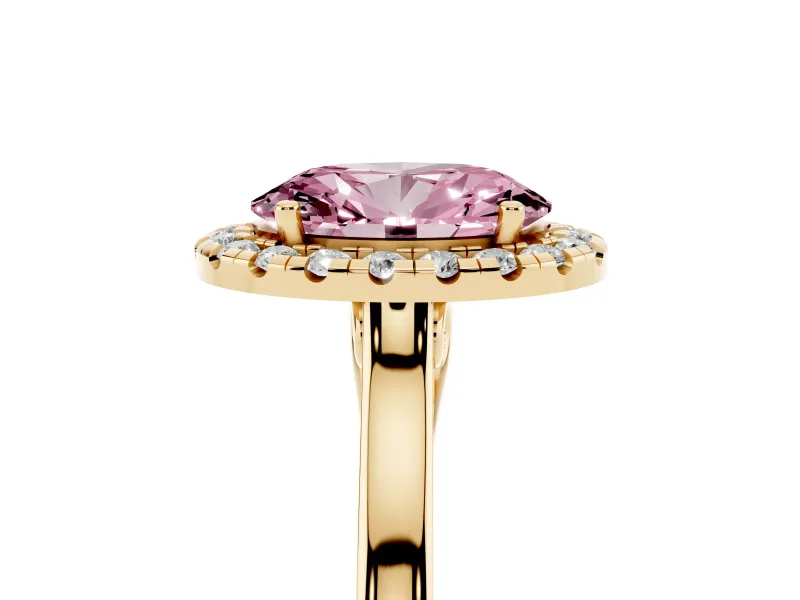 Fancy Pink Oval Cut Halo Round Diamond Solitaire Ring Set in Yellow gold with Pavé Band and Prong Setting