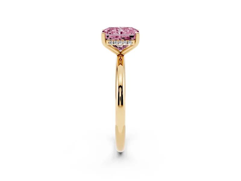 Fancy Pink Radiant Cut Diamond Solitaire Engagement Ring Set in Yellow gold with Prong Setting and Polished Band
