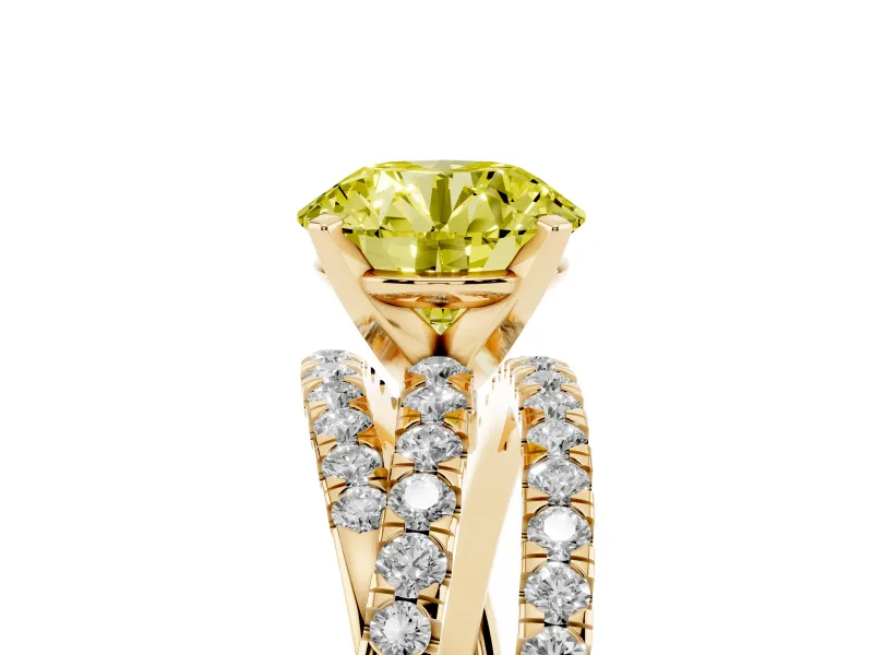 Fancy Yellow Round Cut Diamond Solitaire Twist Band Ring Set in Yellow gold with Pavé Setting and Prong Head