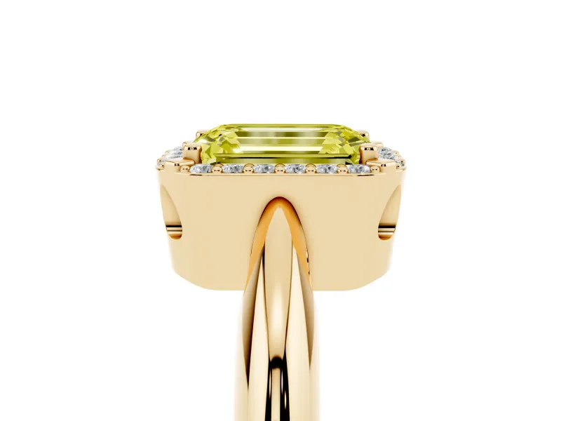 Fancy Yellow Emerald Cut Diamond Halo Engagement Ring Set in Yellow gold with Plain Split Shank and Prong Setting