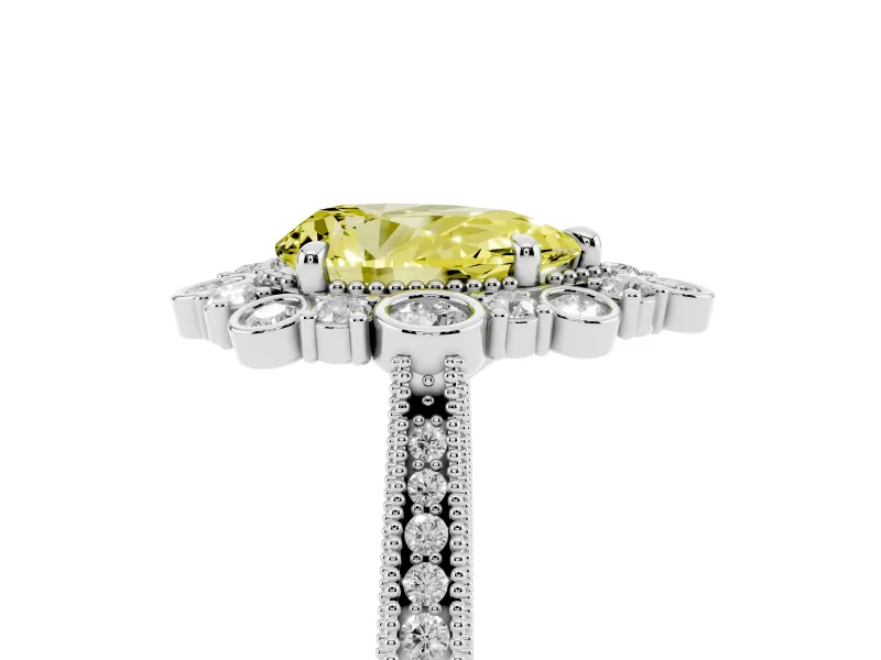 Fancy Yellow Pear Cut Diamond Halo Milgrain Pavé Ring Set in Silver with Prong Setting