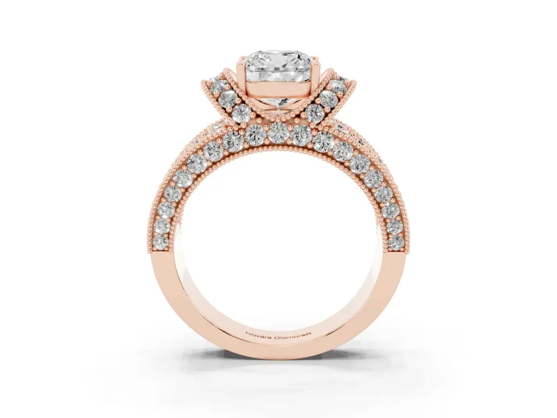 Cushion Cut Vintage Milgrain Pave Engagement Ring Setting | Crescent Side Rows | Rose Gold