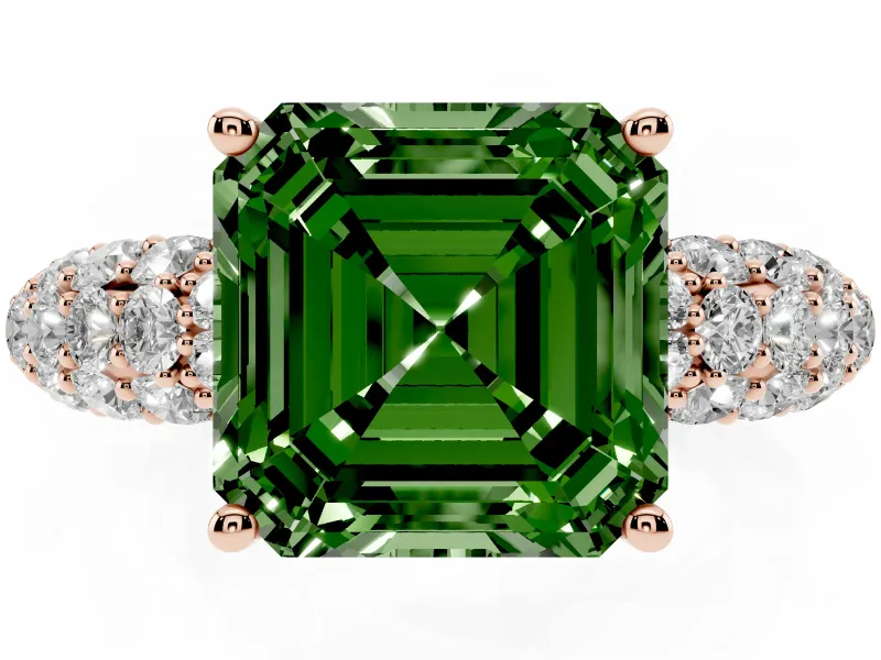 Asscher Cut Multi Row Pave Engagement Ring Setting for a Fancy Green Lab-Grown Diamond | Rose Gold