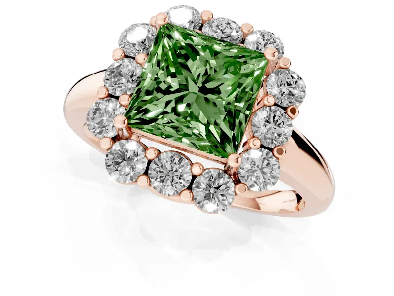 Princess Cut Graduated Milgrain Halo Engagement Ring Setting for a Fancy Green Lab-Grown Diamond | Rose Gold