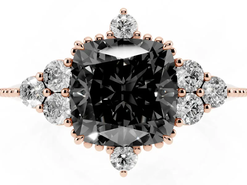 Cushion Cut Vintage Cluster Engagement Ring Setting for a Black Center | Beaded Edges | Rose Gold