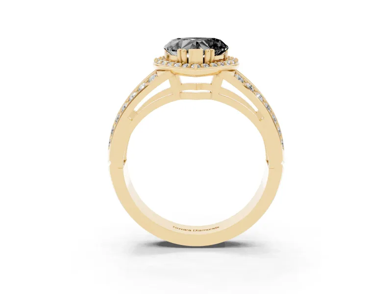 Fancy Black Heart Cut Diamond Halo Ring Set in Yellow gold with Double Pavé Split Shank