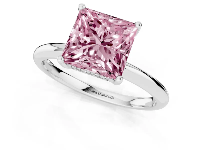 Fancy Pink Princess Cut Diamond Solitaire Engagement Ring Set in Silver with Prong Setting and Polished Band