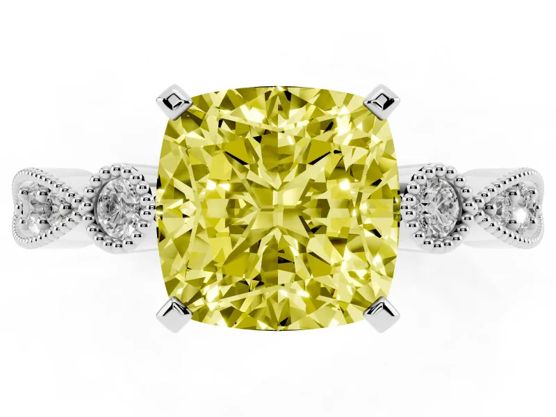 Fancy Yellow Cushion Cut Diamond Solitaire Engagement Ring Set in Silver with Milgrain Bezel Accent Band