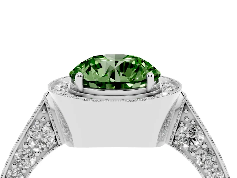 Round Milgrain Halo Engagement Ring Setting for a Fancy Green Lab-Grown Diamond | Side Stones | Platinum