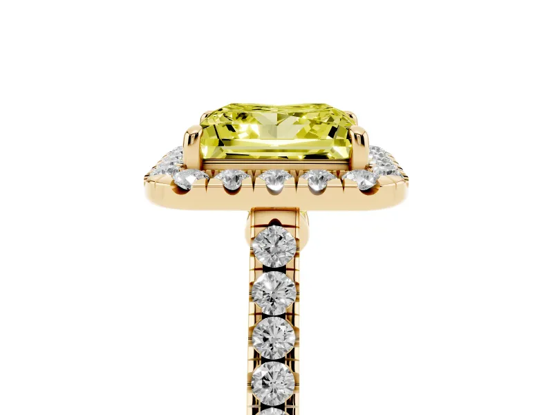 Princess Cut Halo Engagement Ring Setting for a Fancy Yellow Lab-Grown Diamond | Pave Shoulders | Yellow Gold