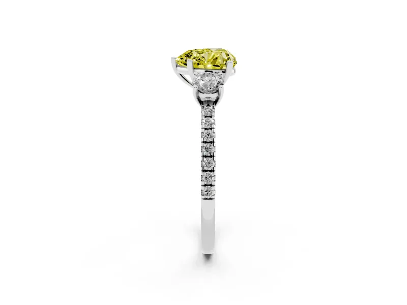 Fancy Yellow Heart Cut Diamond Three-Stone Ring Set in Silver with Pavé Band and Graduated Sides