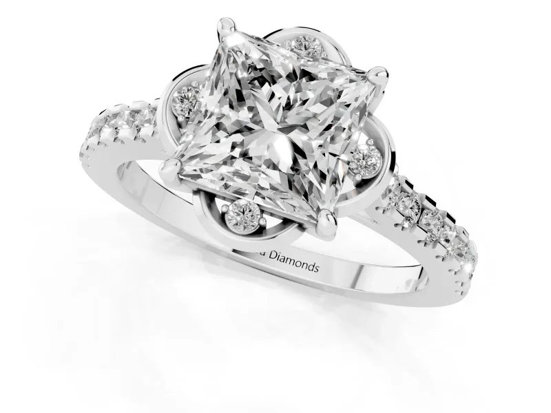 Princess Cut Floral Petal Engagement Ring Setting | Petal Accents | Sterling Silver