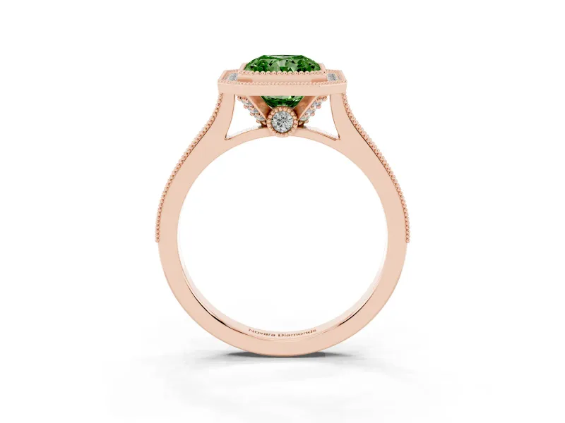 Radiant Cut Vintage Milgrain Halo Engagement Ring Setting for a Fancy Green Lab-Grown Diamond | Bezel Head | Rose Gold