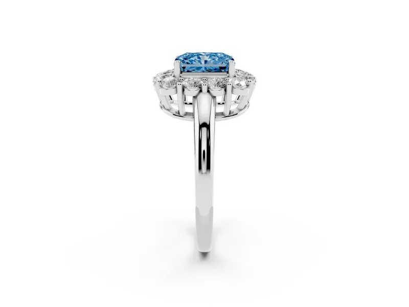 Radiant Cut Cluster Halo Engagement Ring Setting for a Fancy Blue Lab-Grown Diamond | Large Round Accents | Platinum