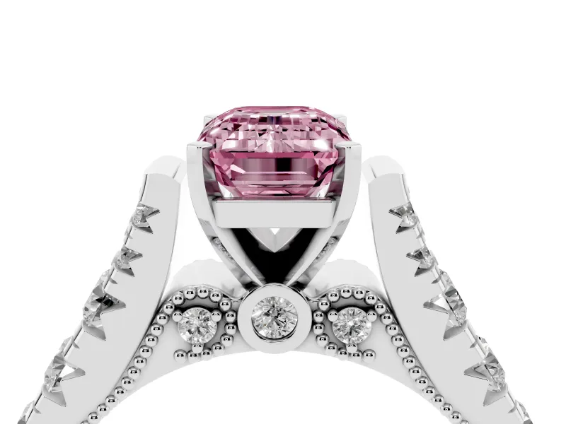 Fancy Pink Emerald Cut Diamond Classic Solitaire Ring Set in Platinum with Pavé Band and Prong Setting