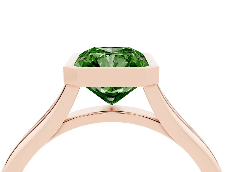 Fancy Green Bezel Set Radiant Cut Diamond Solitaire Ring Set in Rose gold with Tapered Band