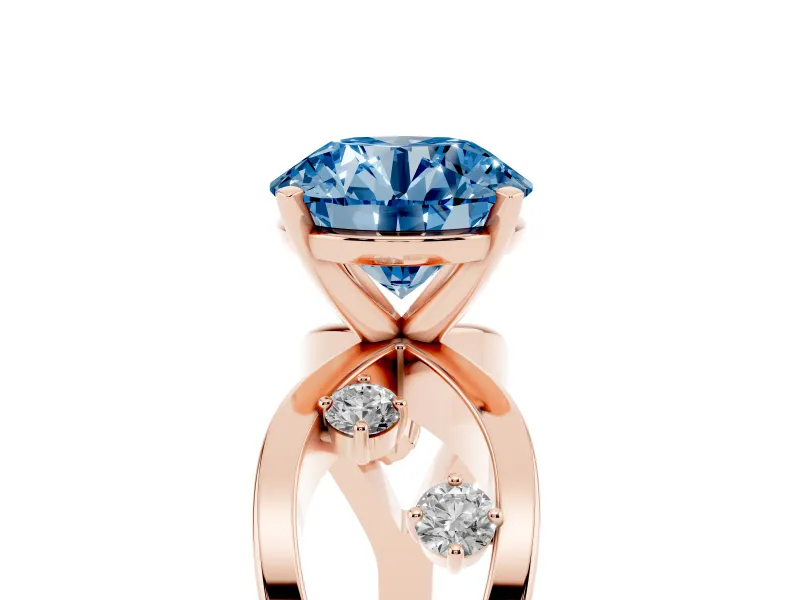 Fancy Blue Round Cut Diamond Solitaire Ring Set in Rose gold with Side Stones on Criss-Cross Band and Prong Setting