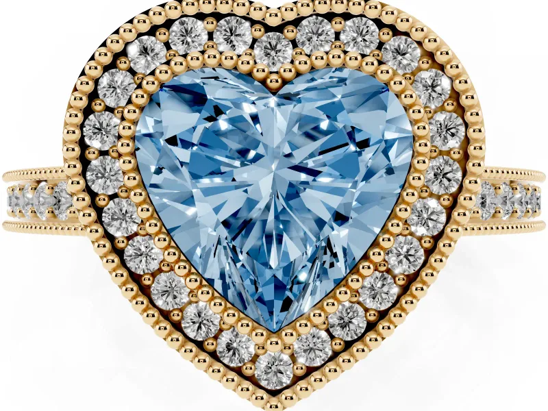 Fancy Blue Heart Cut Diamond Round Halo Ring Set in Yellow gold with Pavé Band