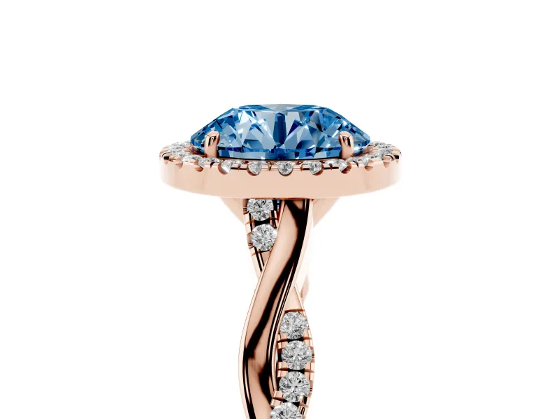 Round Halo Engagement Ring Setting for a Fancy Blue Lab-Grown Diamond | Pavé Twist Band | Rose Gold