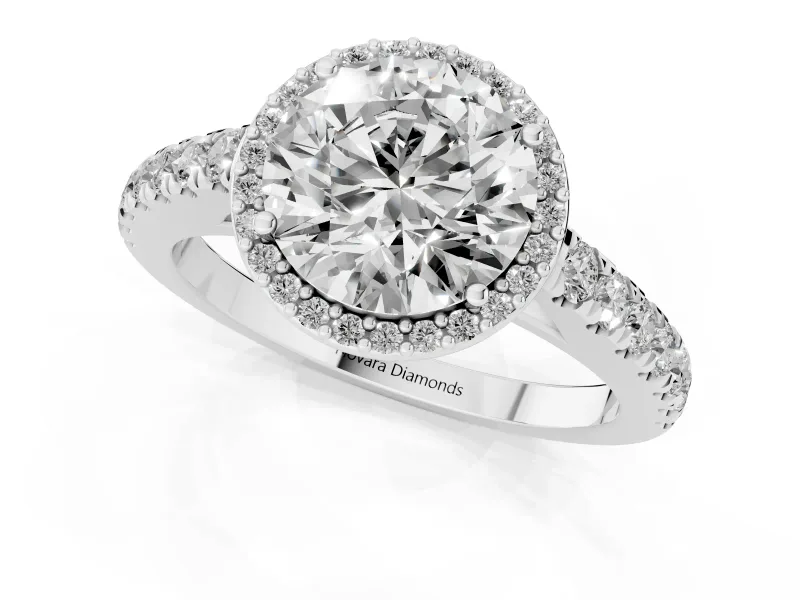 Round Cut Diamond Halo Engagement Ring Set in Platinum with Pavé Band and Prong Setting
