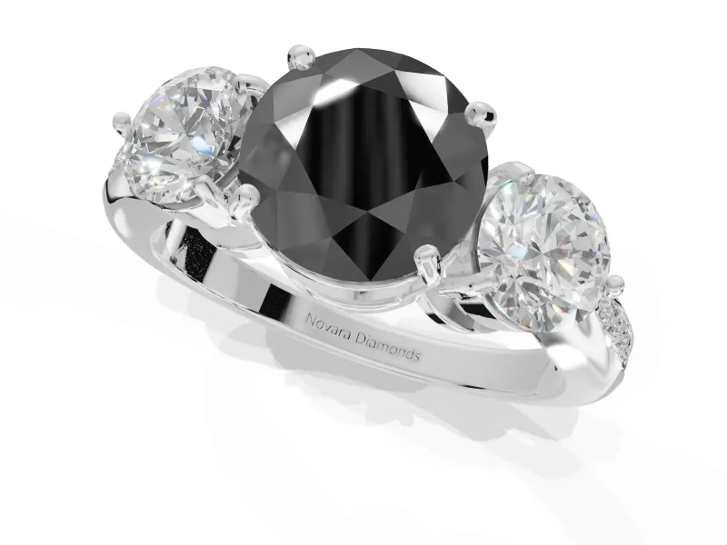 Fancy Black Round Cut Lab-Grown Diamond Three-Stone Ring Set in Sterling Silver with Channel-Set Band and Prong Setting
