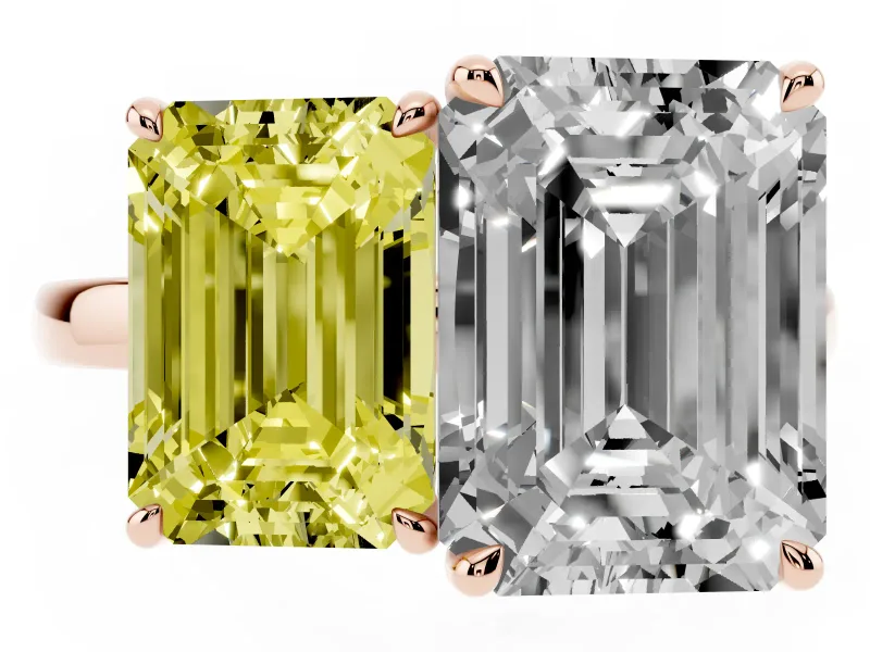 Fancy Yellow Emerald Cut and Emerald Cut Toi Moi Ring Set in Rose gold with Prong Setting
