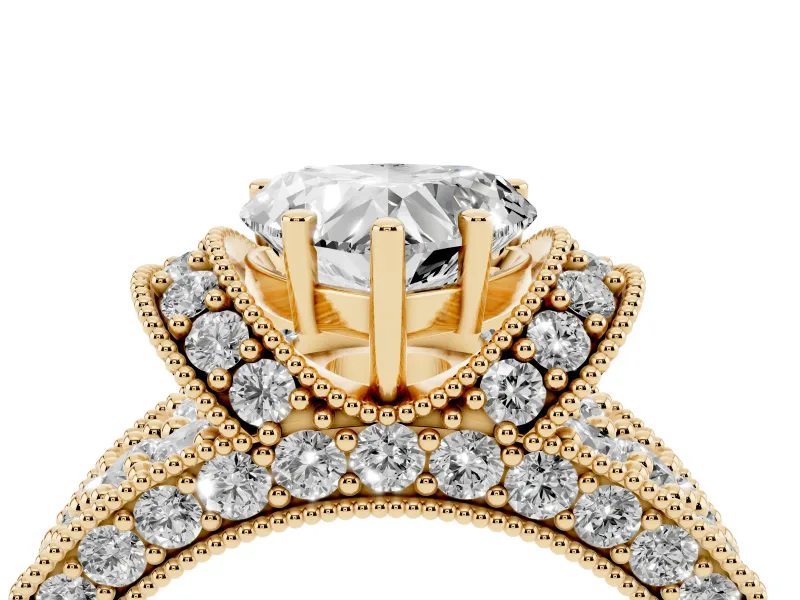 Heart-Shaped Vintage Milgrain Pave Engagement Ring Setting | Crescent Side Rows | Yellow Gold
