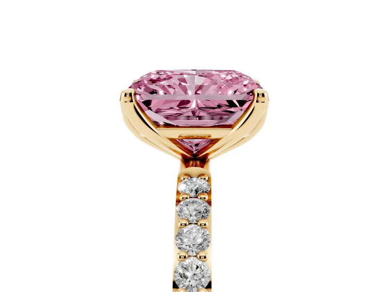 Radiant Cut Pave Solitaire Engagement Ring Setting for a Fancy Pink Lab-Grown Diamond | Slim Band | Yellow Gold