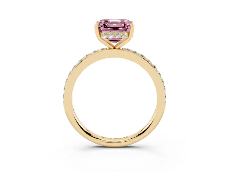 Fancy Pink Asscher Cut Diamond Pavé Band Ring Set in Yellow gold with Prong-Set Center Stone