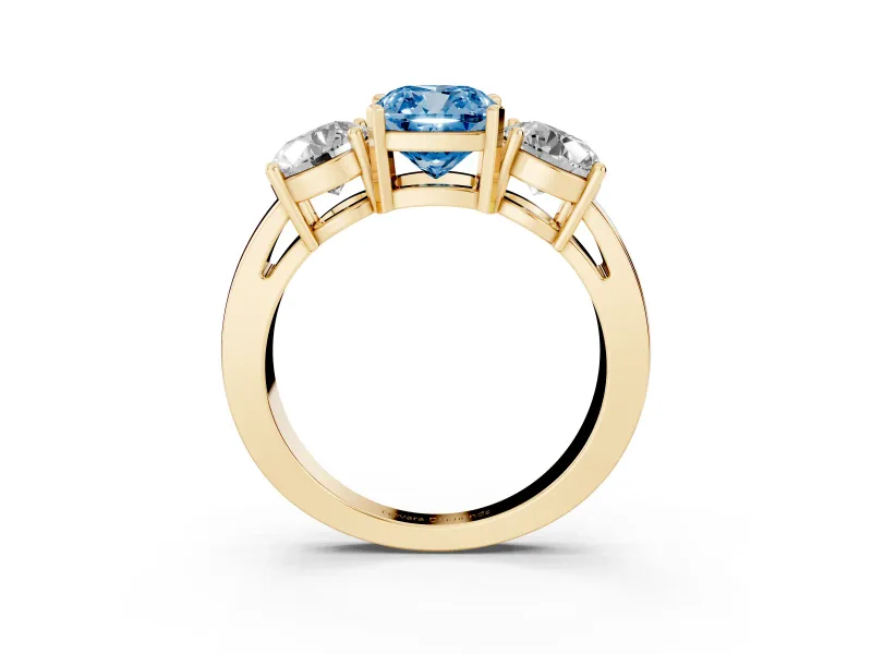 Cushion Cut Three Stone Engagement Ring Setting for a Fancy Blue Lab-Grown Diamond | Wide Plain Band | Yellow Gold