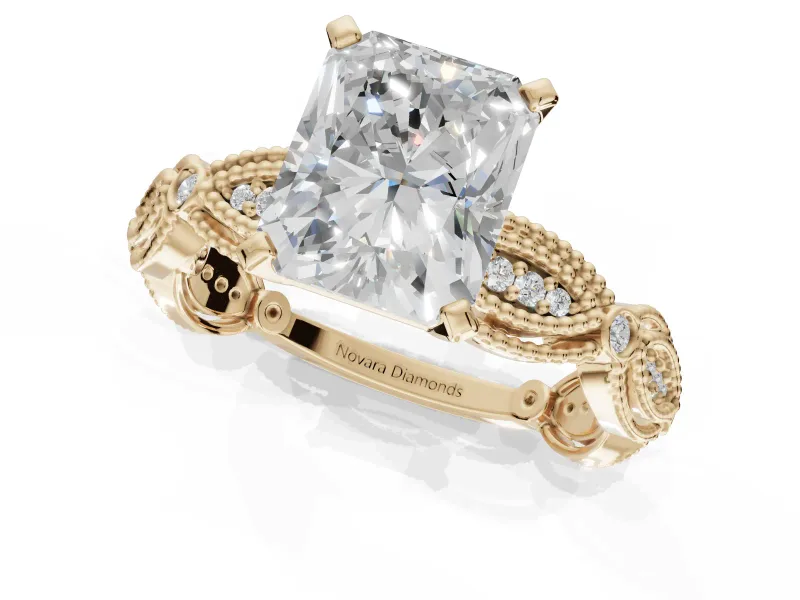 Radiant Cut Vintage Milgrain Engagement Ring Setting | Graduated Stations | Yellow Gold