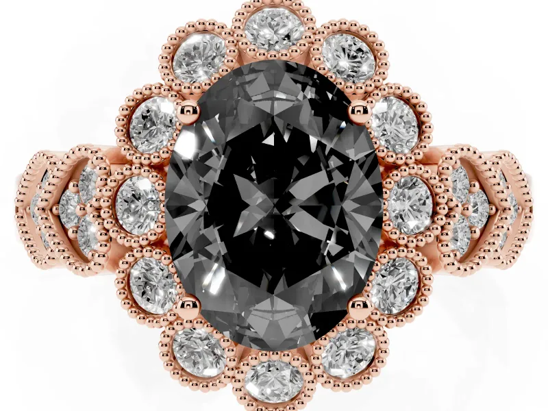 Oval Scalloped Halo Engagement Ring Setting for a Black Center | Heart Pavé Band | Rose Gold