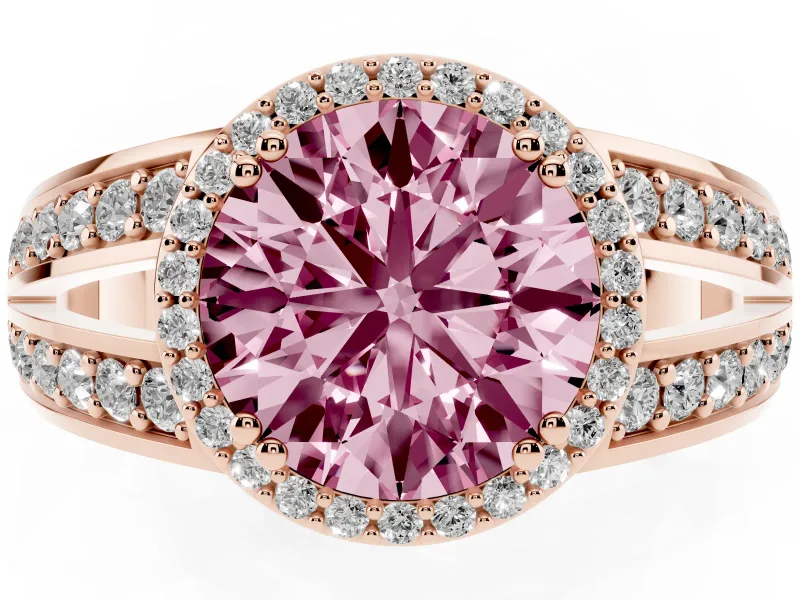 Round Halo Engagement Ring Setting for a Fancy Pink Lab-Grown Diamond | Split Shank | Rose Gold