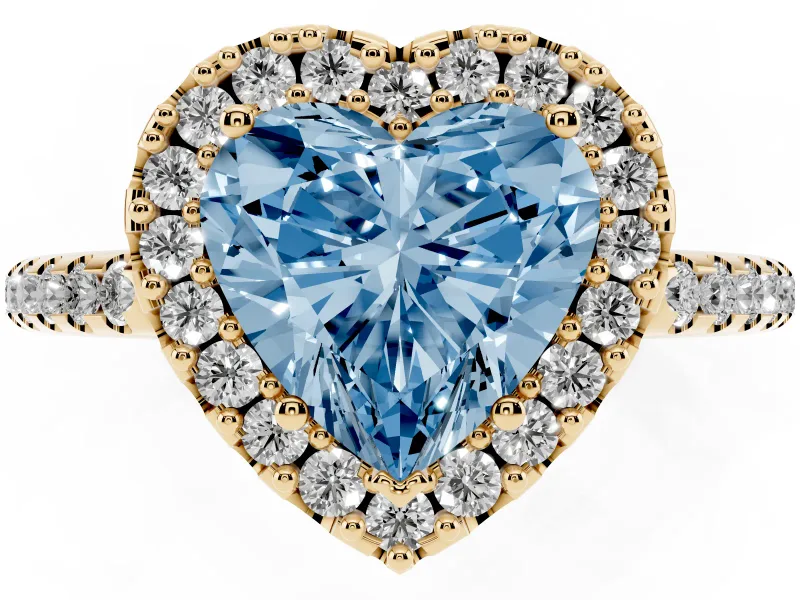 Heart-Shaped Pave Halo Engagement Ring Setting for a Fancy Blue Lab-Grown Diamond | Pave Band | Yellow Gold