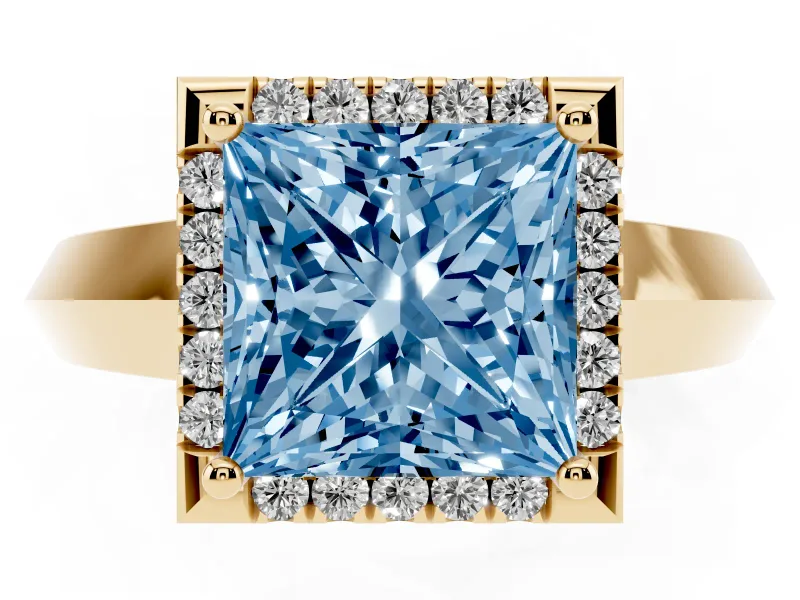 Princess Cut Halo Engagement Ring Setting for a Fancy Blue Lab-Grown Diamond | Yellow Gold