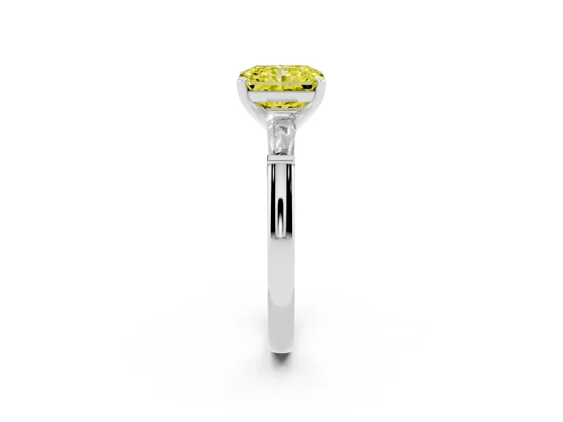 Fancy Yellow Radiant Cut Diamond Solitaire Ring Set in Silver with Tapered Baguette Side Stones and Prong Setting