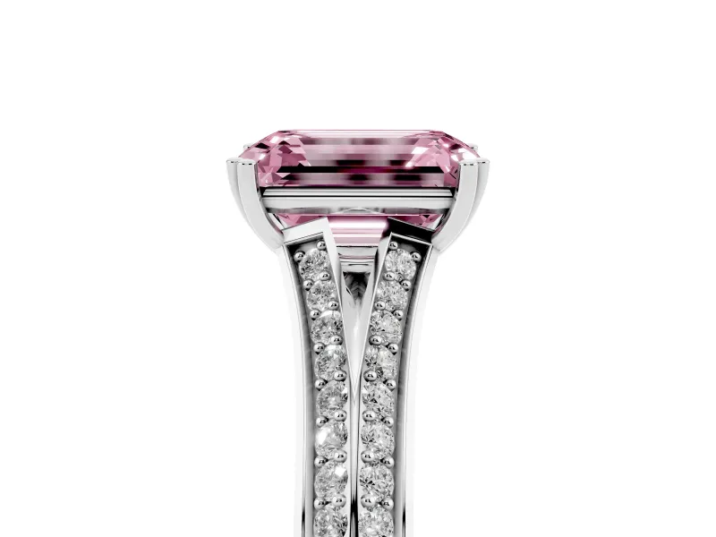 Emerald Cut Split Shank Engagement Ring Setting for a Fancy Pink Lab-Grown Diamond | Pave Band | Sterling Silver