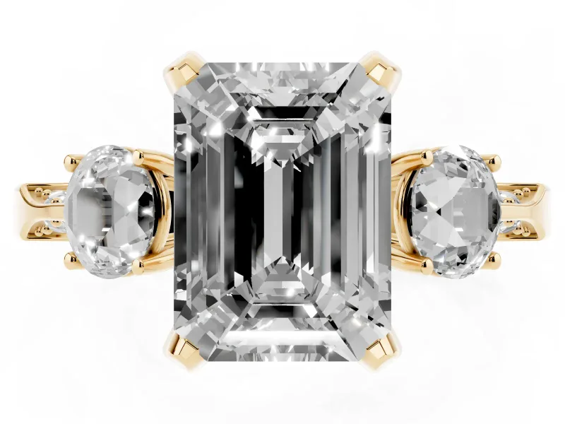 Emerald Cut Hidden Halo Three Stone Engagement Ring Setting for a Fancy Yellow Lab-Grown Diamond | Yellow Gold