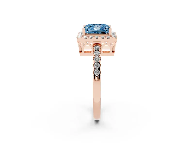 Princess Cut Halo Engagement Ring Setting for a Fancy Blue Lab-Grown Diamond | Pavé Band | Rose Gold